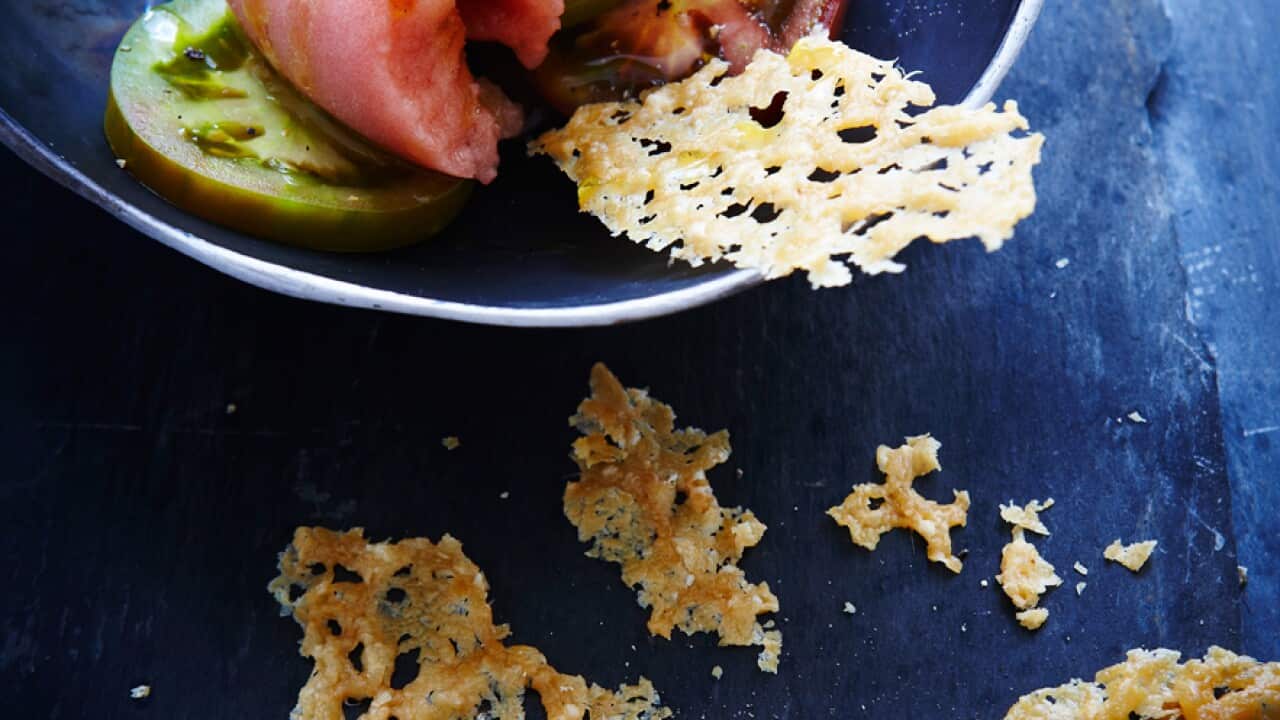 Tea-smoked tomato sorbet with parmesan crisps