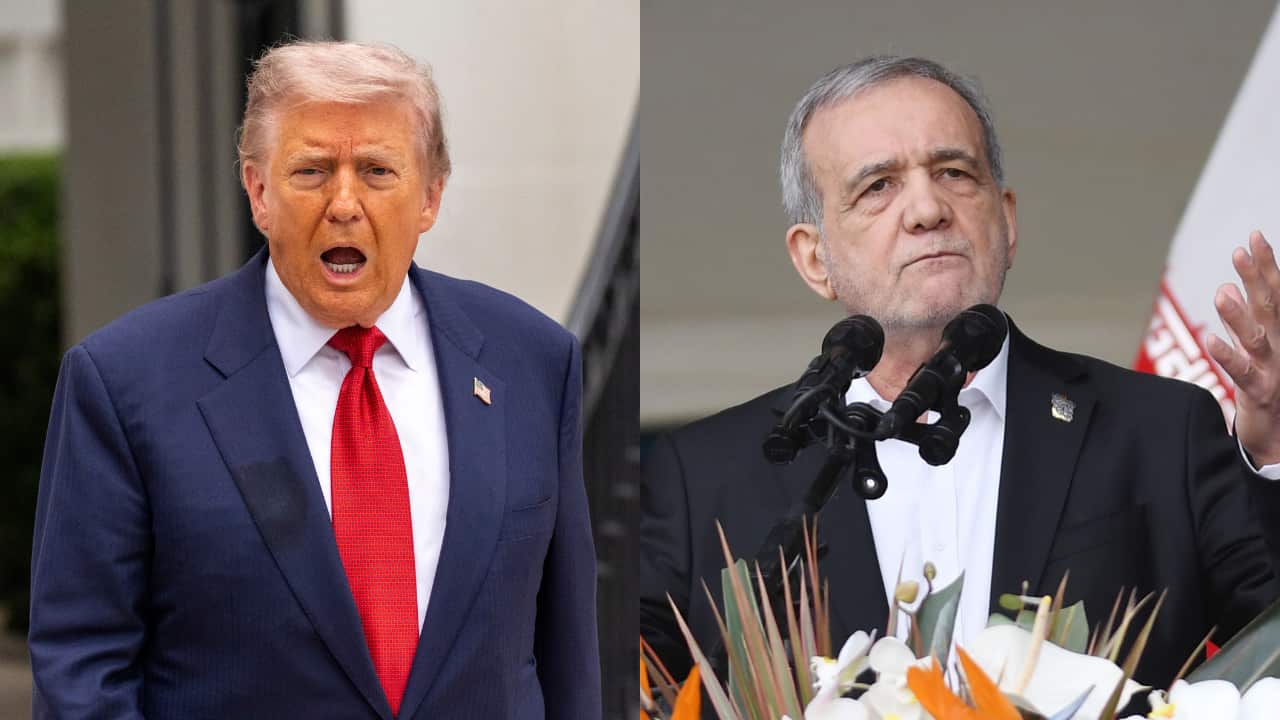 Split image. (Left) Donald Trump in a dark blue suit and red tie (right) a man in a dark suit speaking behind two microphones on a stand