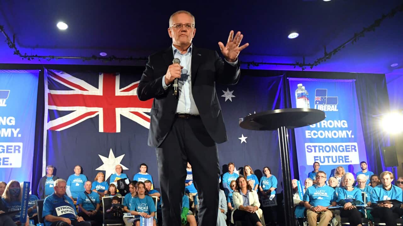 Prime Minister Scott Morrison at a Liberal Party rally on Day 13 of the 2022 federal election campaign, at Tumbi Umbi, on the NSW Central Coast, in the seat of Dobell. Saturday, April 23, 2022. (AAP Image/Mick Tsikas) NO ARCHIVING