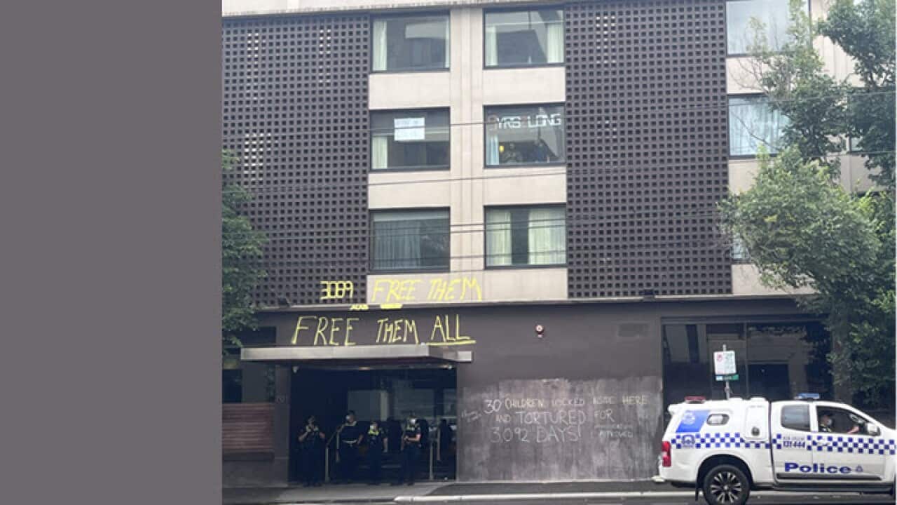 The Park Hotel on Friday in Melbourne where Novak Djokovic is being detained at the state-run quarantine facility as he awaits the outcome of an appeal against the decision by the Australian Border Force (ABF)