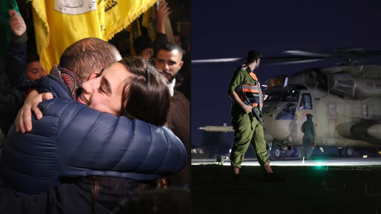 A split image. On the left is a man and a woman hugging. On the right are Israeli soldiers standing near a helicopter on a helipad.