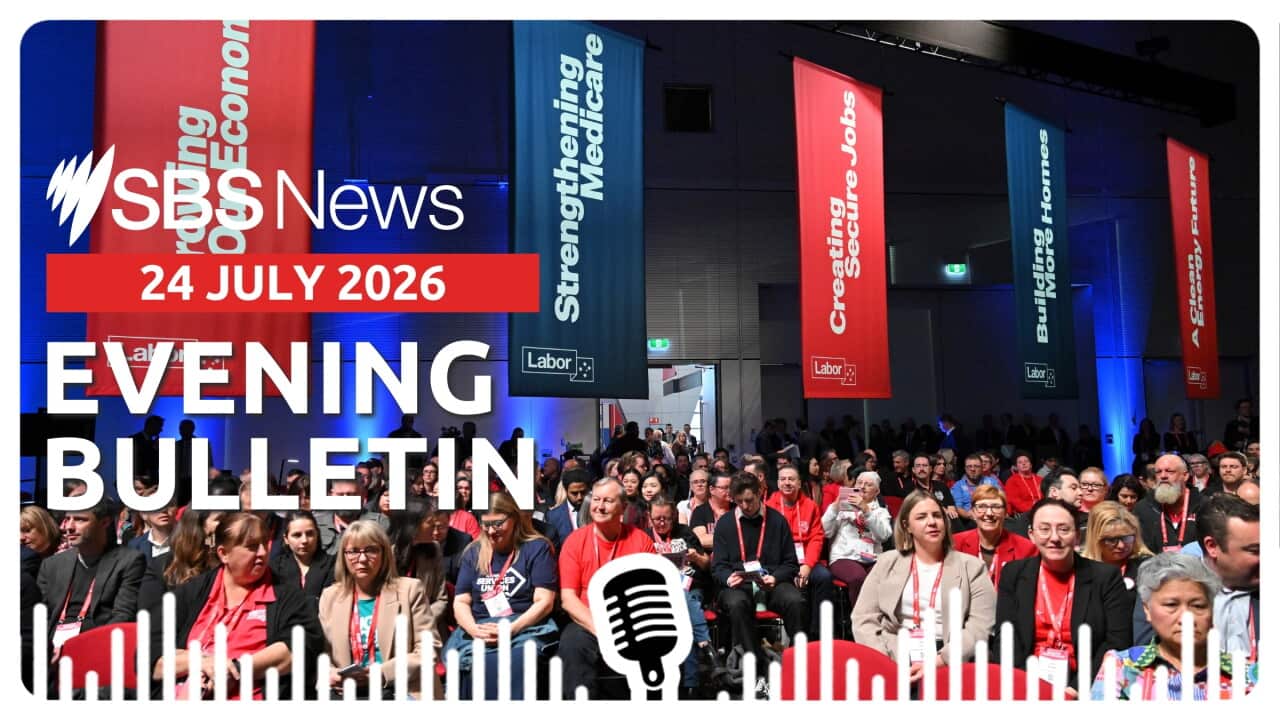 ALP conference in Adelaide shows people seated in red chairs with Labor banners in the background.