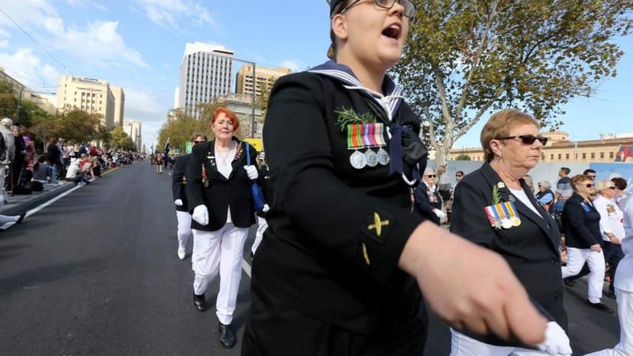 Female navy veterans marching during the Parade in Adelaide.