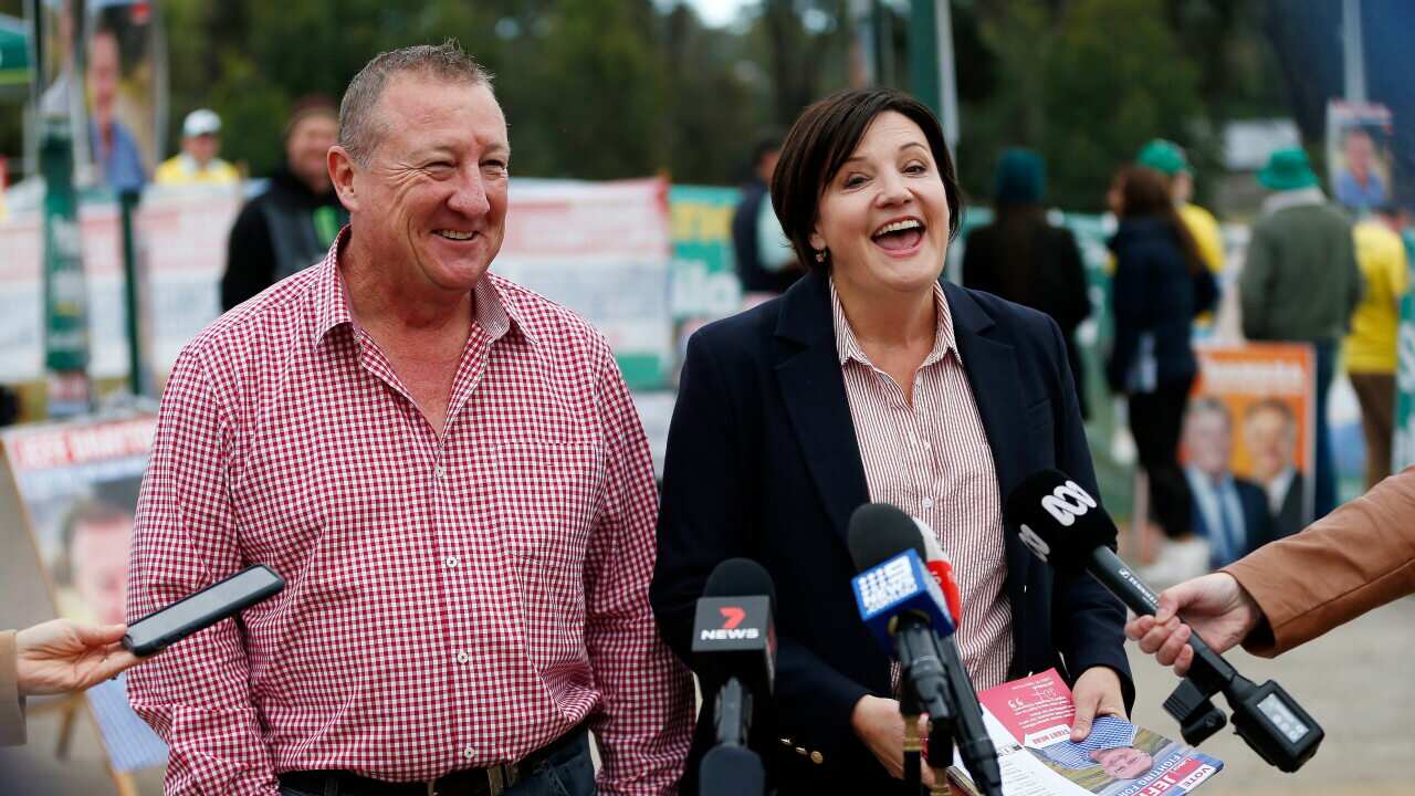 Labor candidate for Upper Hunter Jeff Drayton and NSW Opposition Leader Jodi McKay speak to the media on polling day in Muswellbrook on Saturday, 22 May.