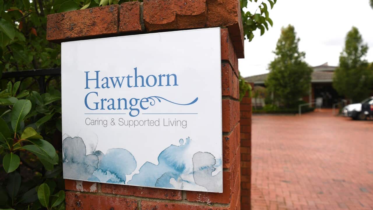 Signage for the Hawthorn Grange aged care facility is seen in Hawthorne, Melbourne.