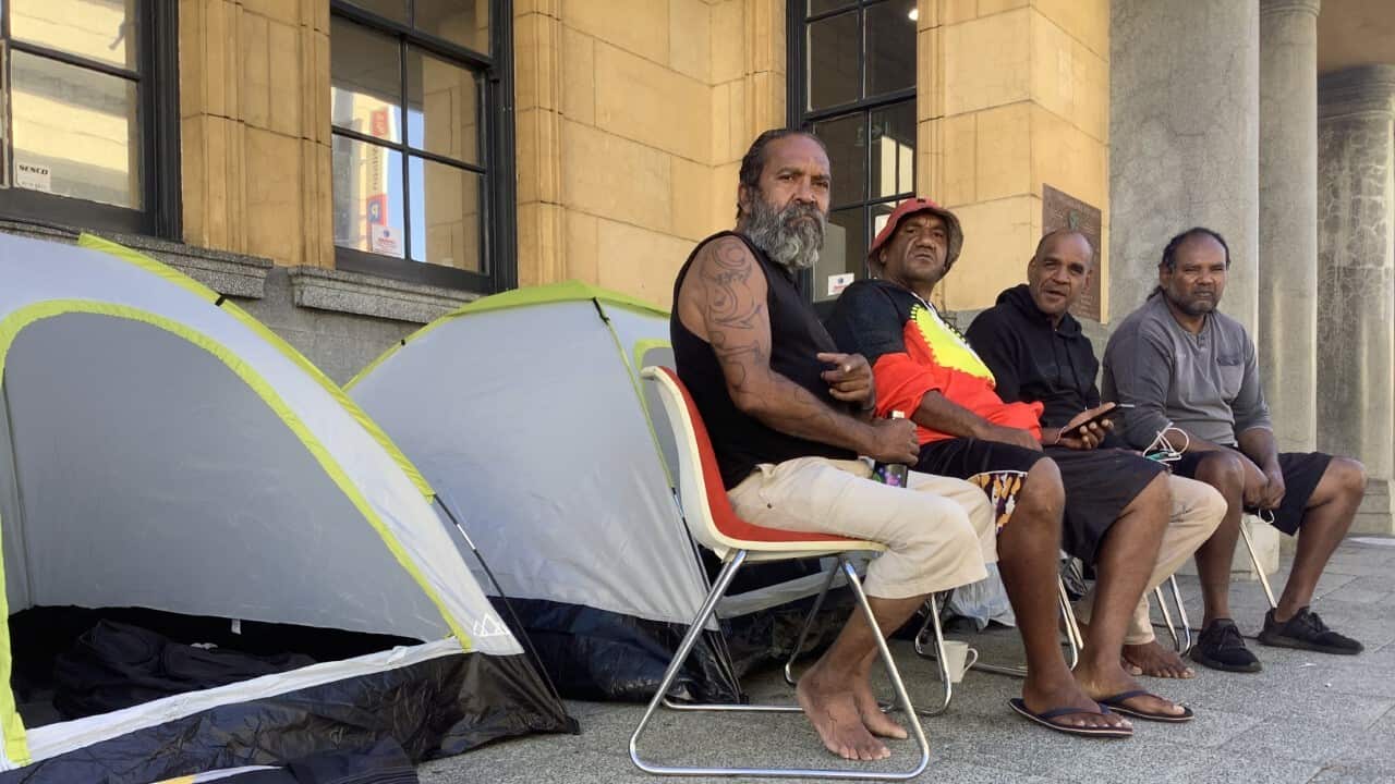 Some of Perth’s homeless community camped outside of Boorloo Bidee Mia in the CBD