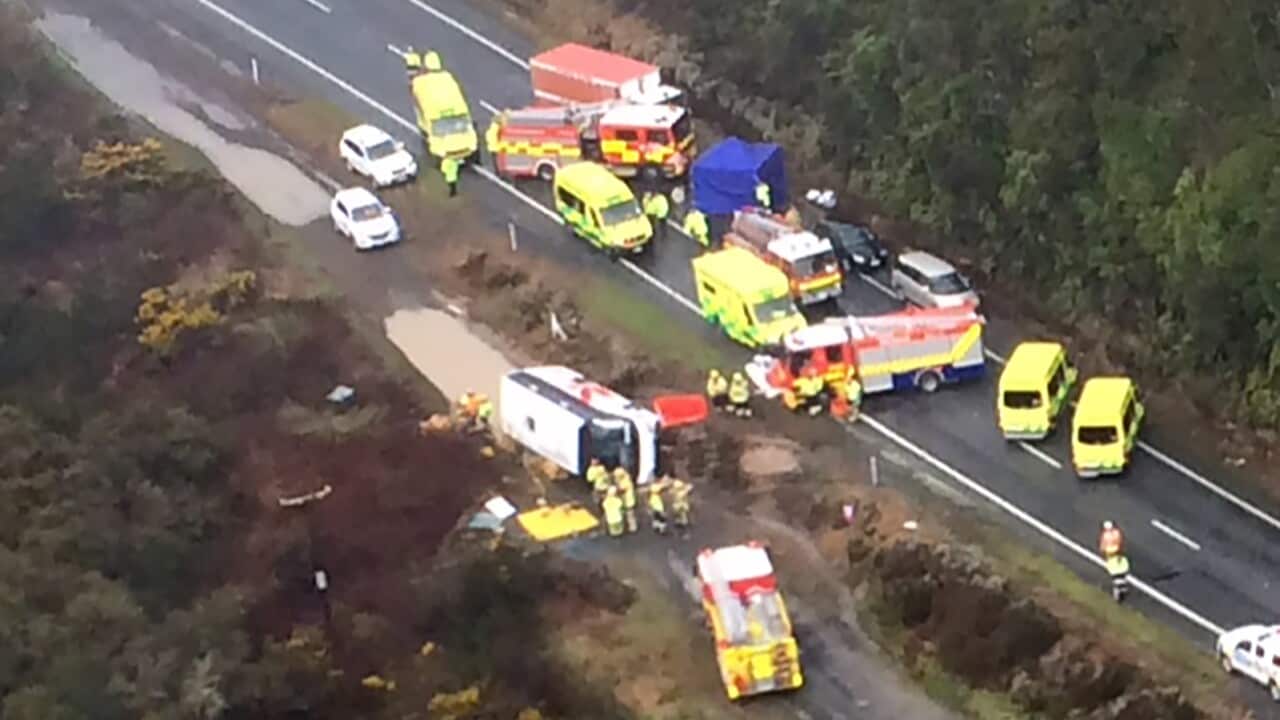 The scene where a tourist bus crashed on the highway in the Mamaku Ranges near Rotorua.