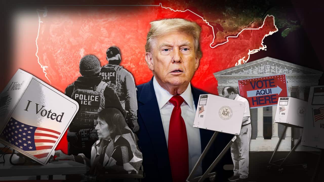 A stylised graphic showing Donald Trump, ICE agents, post boxes, a card that says "I voted" and the Supreme Court building. A map of the US is in the background.