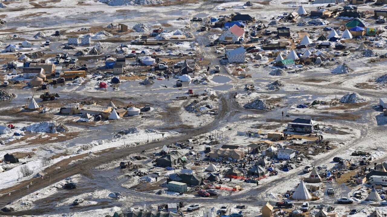 FILE: An aerial photo of the camp law enforcement officials cleared out on Thursday, where dozens had gathered to protest the Dakota Access pipeline 