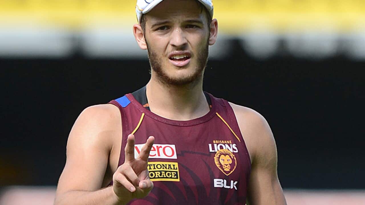 James Aish looks on during the Brisbane Lions team training