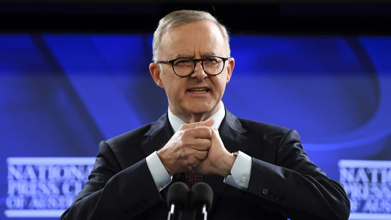 Australian Opposition Leader Anthony Albanese delivers his speech to the National Press Club on Day 38 of the 2022 federal election campaign in Canberra, Wednesday, May 18, 2022. (AAP Image/Lukas Coch) NO ARCHIVING