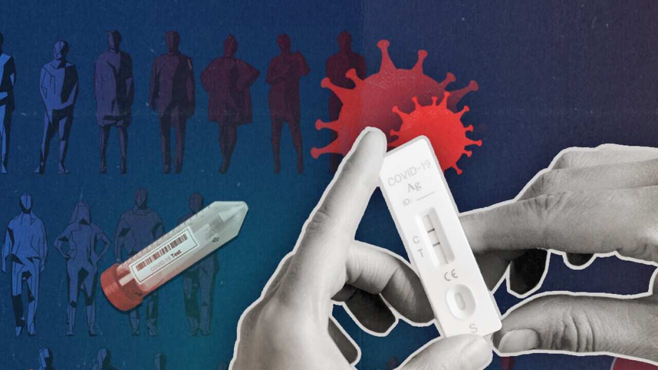 A graphic showing a COVID test