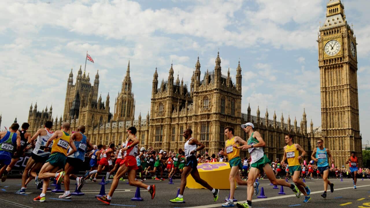 Athletes compete during the men's marathon at the London Olympics