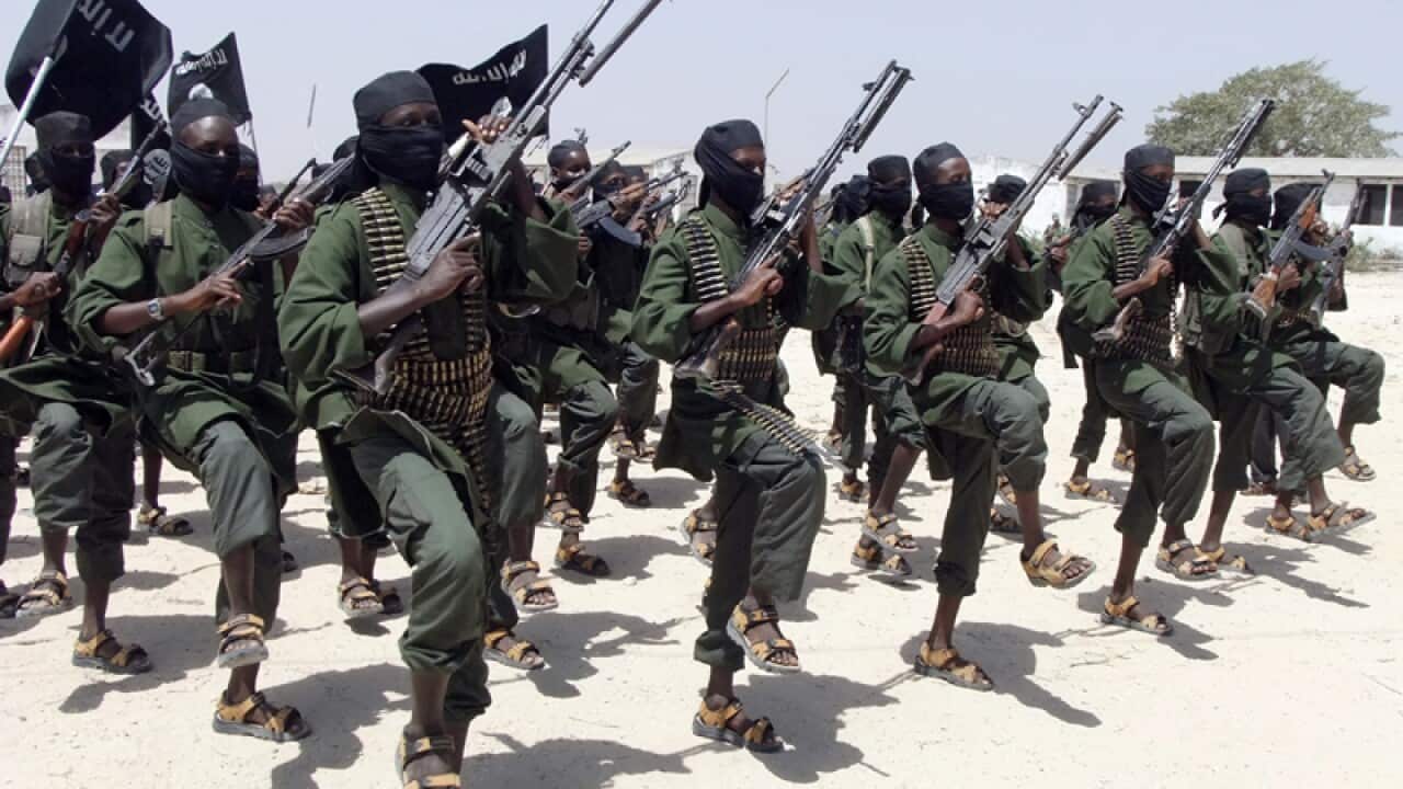 al-Shebab fighters perform military exercises