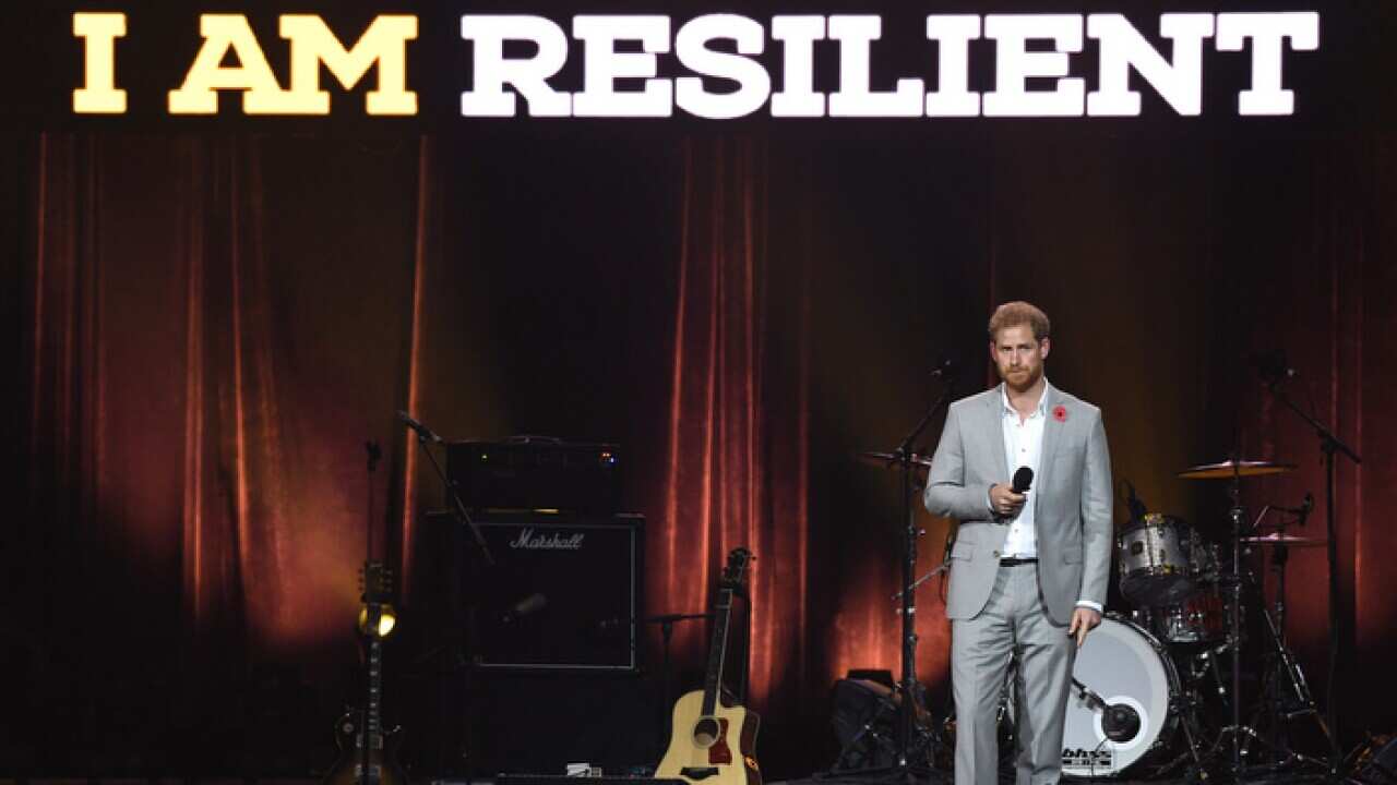 Prince Harry Duke of Sussex on stage at the Closing Ceremony of the Invictus Games 2018 at the Olympic Park, Sydney.