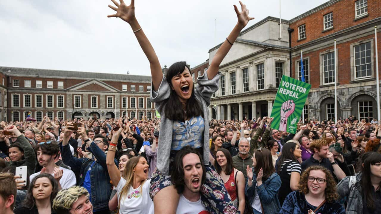 Supporters celebrate at Dublin Castle following the result Irish referendum result on the 8th amendment.
