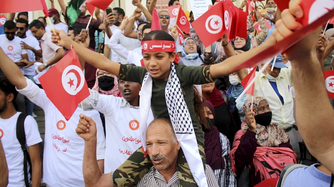 Demonstrators protest against Tunisian President Kais Saied in Tunis