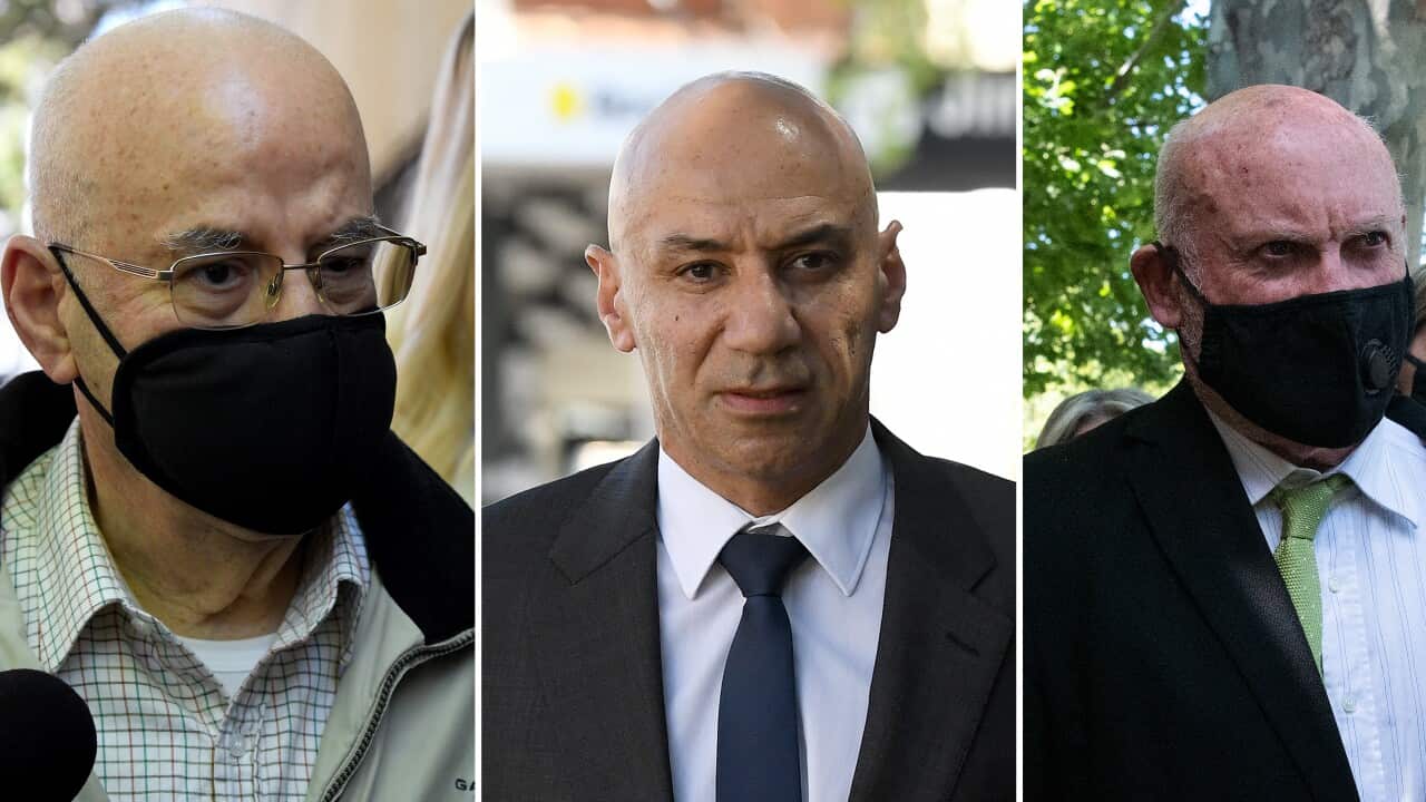 A tryptich shows (L-R) former NSW Labor minister Eddie Obeid, son Moses Obeid, and former NSW Labor minister Ian Macdonald arriving at the Supreme Court in Darlinghurst, Sydney, Thursday, October 21, 2021