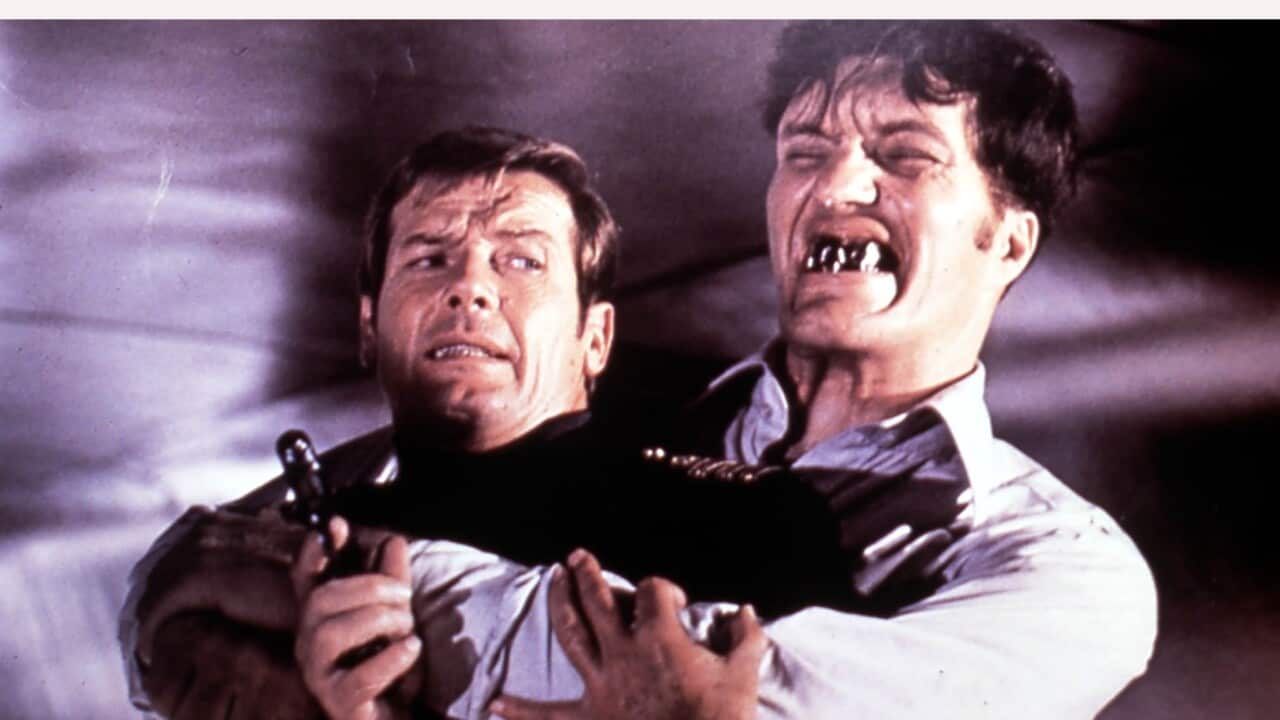 Richard Kiel portrayed Jaws opposite Roger Moore in 'The Spy Who Loved Me'. (File: AAP)