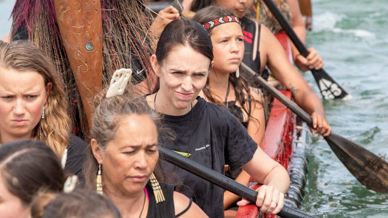 Jacinda Ardern, New Zealand Prime Minister, left, joins a Waka crew for a paddle prior to Waitangi Day in Waitangi.