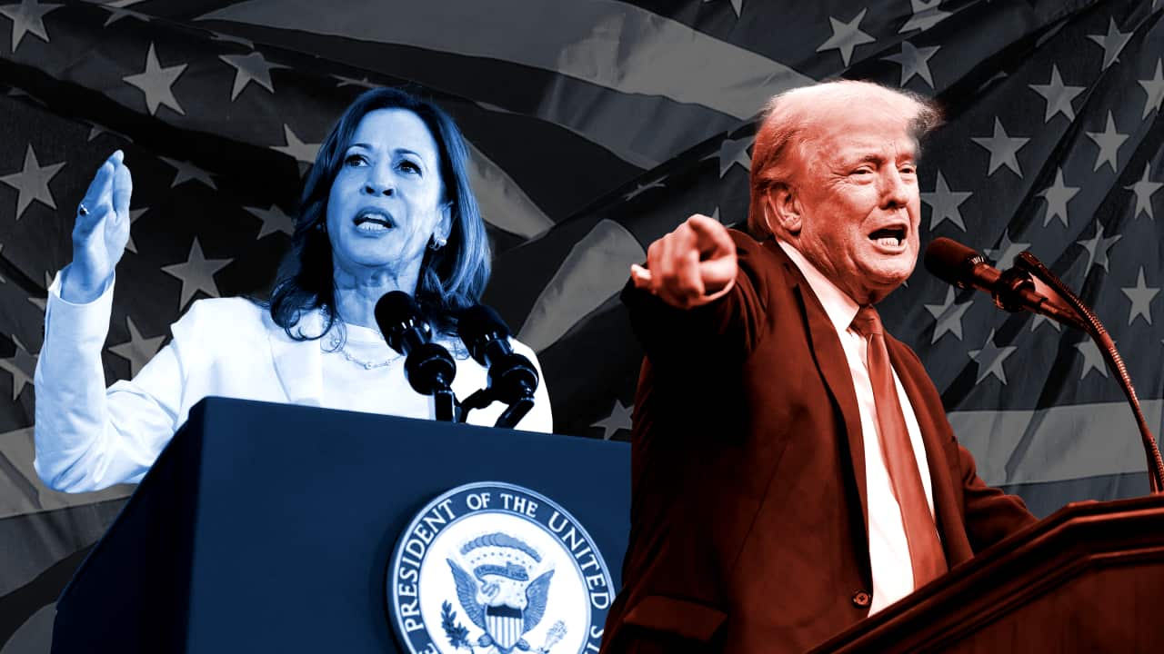 A composite image of Kamala Haris and Donald Trump, both standing at separate podiums.