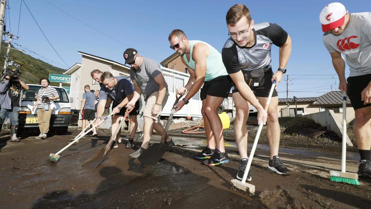 Canada's rugby squad clean up mud on a road in Kamaishi, northeastern Japan following the cancellation of their World Cup Pool B match against Namibia.