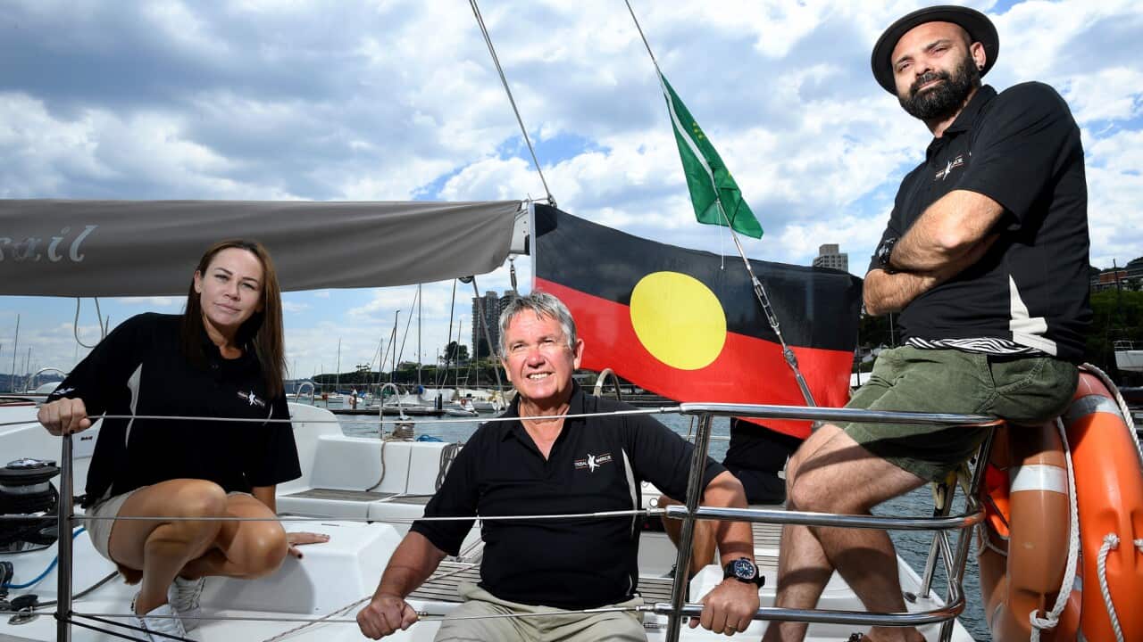 Skipper Wayne Jones (centre) and crew members Naomi Cain (left) and NITV's Danny Teece-Johnson of Tribal Warrior
