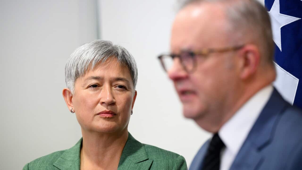 Penny Wong, wearing a green jacket, and Anthony Albanese, wearing a blue suit