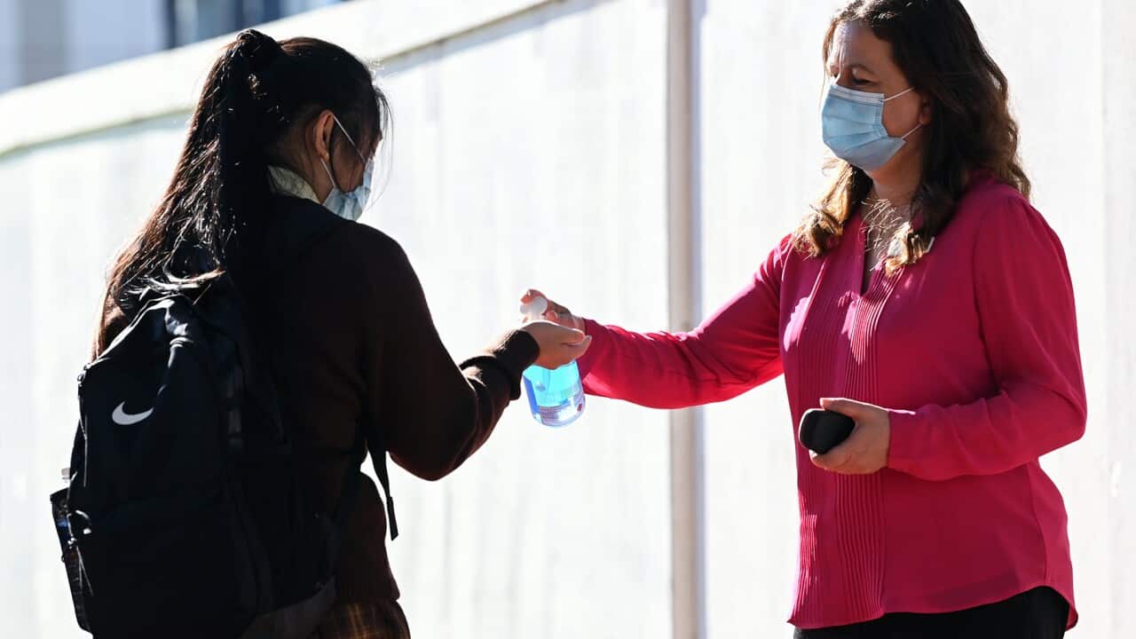 A student applies hand sanitiser in NSW