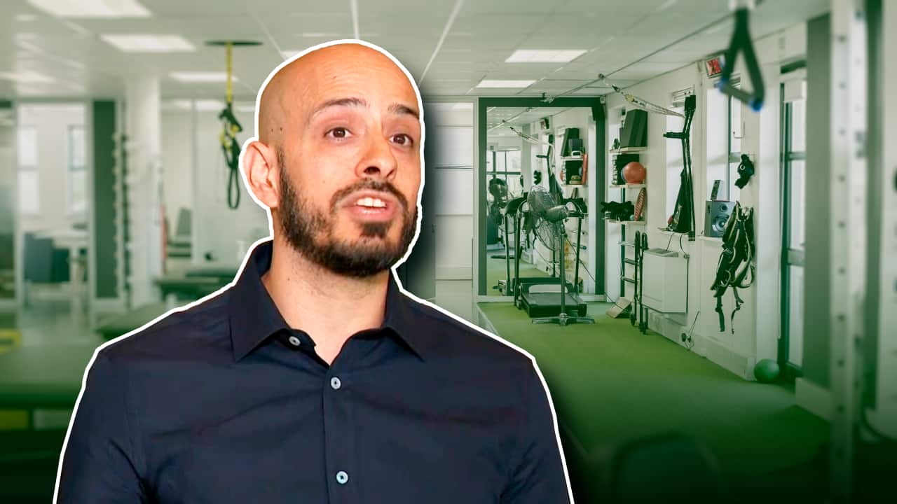 A composite image of a man speaking in front of a gym.