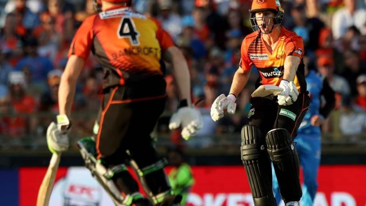 Adam Voges of the Scorchers shouts to Cameron Bancroft