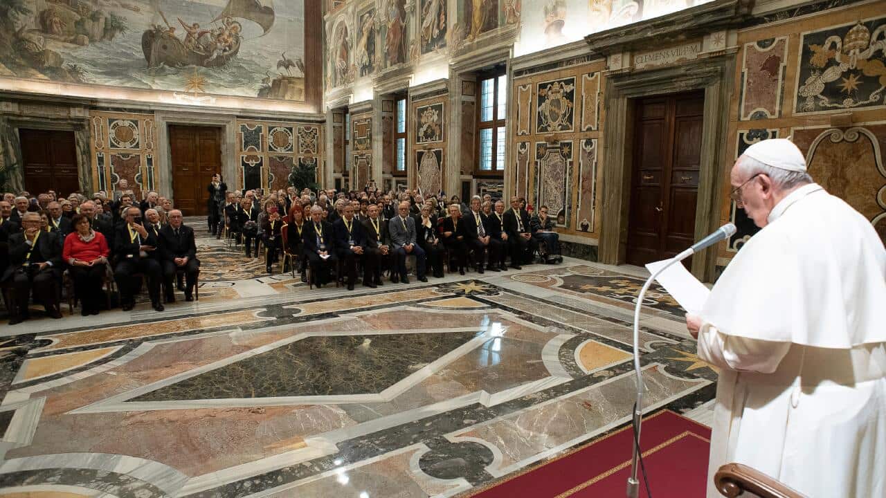 Dec 16, 2019 : Pope Francis receives in audience to the Members of the National Association of Older Workers at the Vatican EDITORIAL USE ONLY. NOT FOR SALE FOR MARKETING OR ADVERTISING CAMPAIGNS..