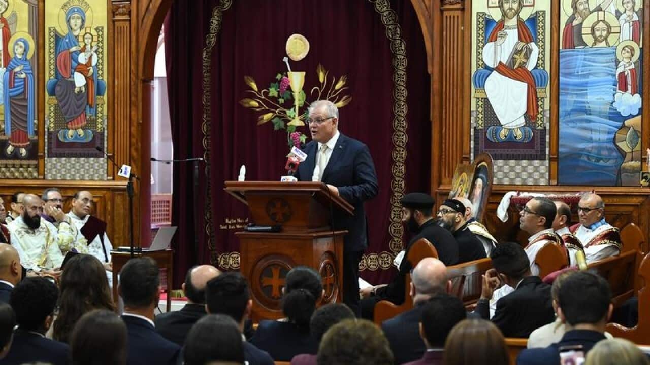 Scott Morrison speaks during at St Mark Coptic Orthodox Church.