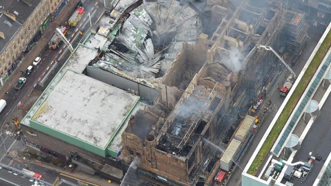 An aerial shot showing the extensive damage to the building