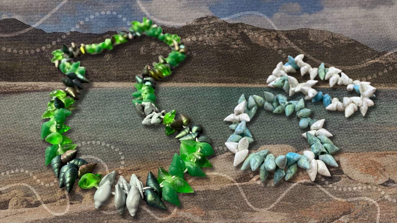 A graphic of shelled necklaces with a beach in the background
