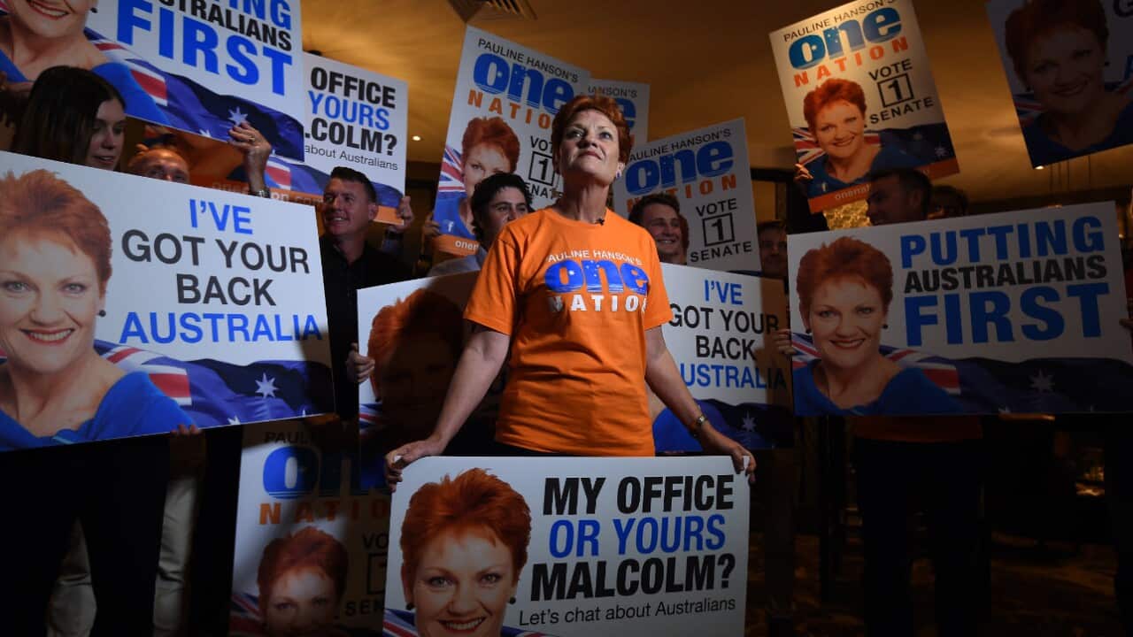 ne Nation's Pauline Hanson looks on during a live television cross at her election-night function in Ipswich, west of Brisbane, Saturday, July 2, 2016.