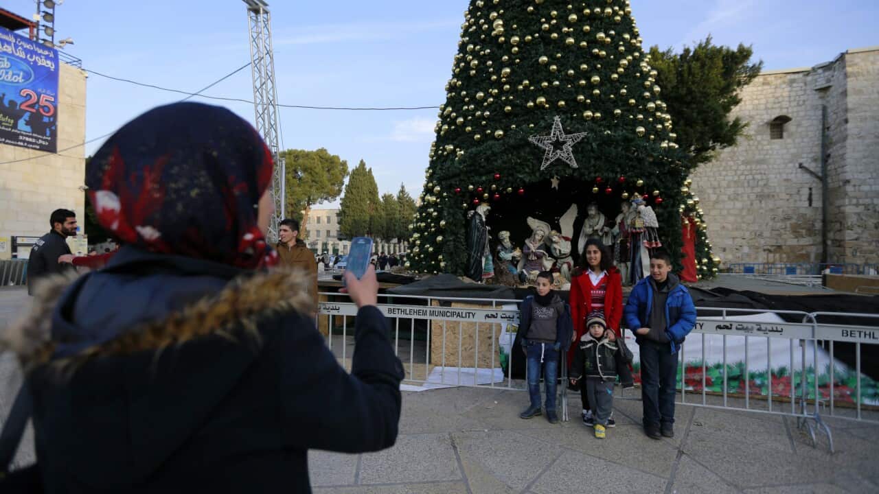 Palestinian childern without borders activists take part in while posing in front of a Nativity Scene at a Christmas tre in the West Bank town of Bethlehem.