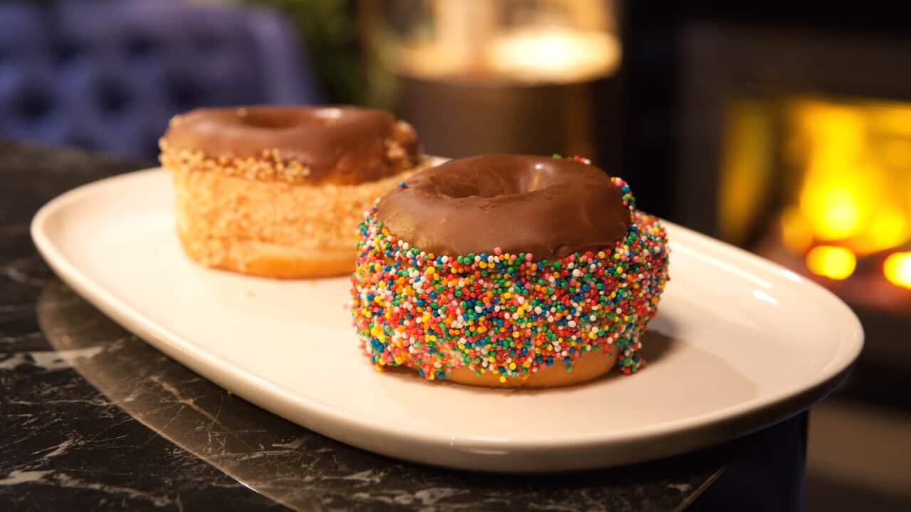 Iced doughnut ice cream sandwiches with sprinkles