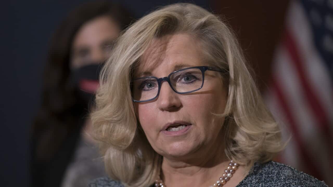 House Republican Conference Chair Liz Cheney speaks to reporters following a GOP meeting at the Capitol in Washington, in April 2021.