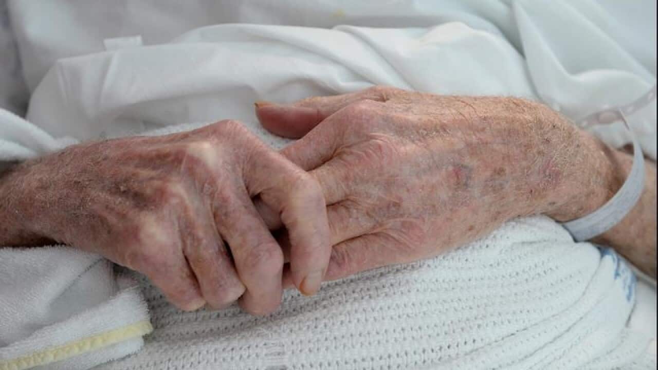 An elderly patient's hands with a hospital identification band