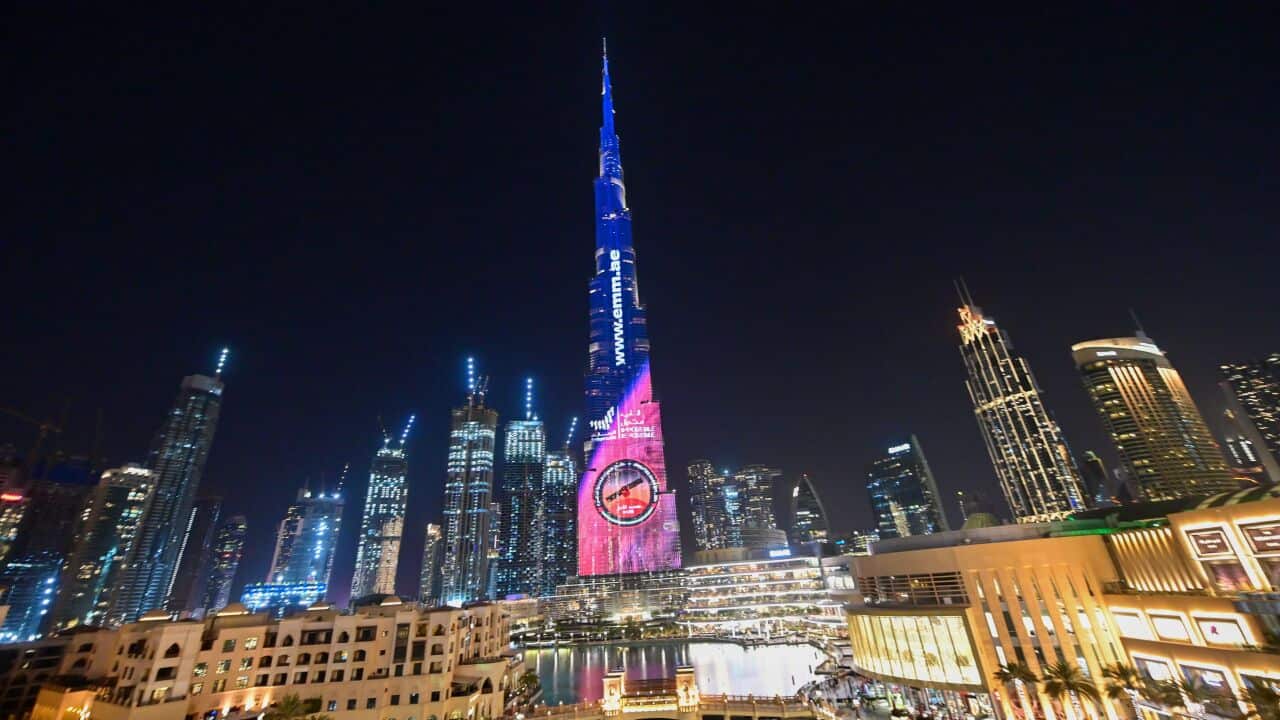 Dubai's Burj Khalifa lit up in support of the United Arab Emirates "Hope" Mars probe, ahead of it's expected launch from Japan.