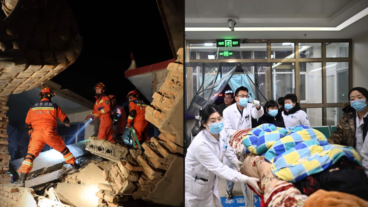 A split image. On the left is emergency service workers inspecting a damaged building. On the right are doctors wheeling a patient on a stretcher.