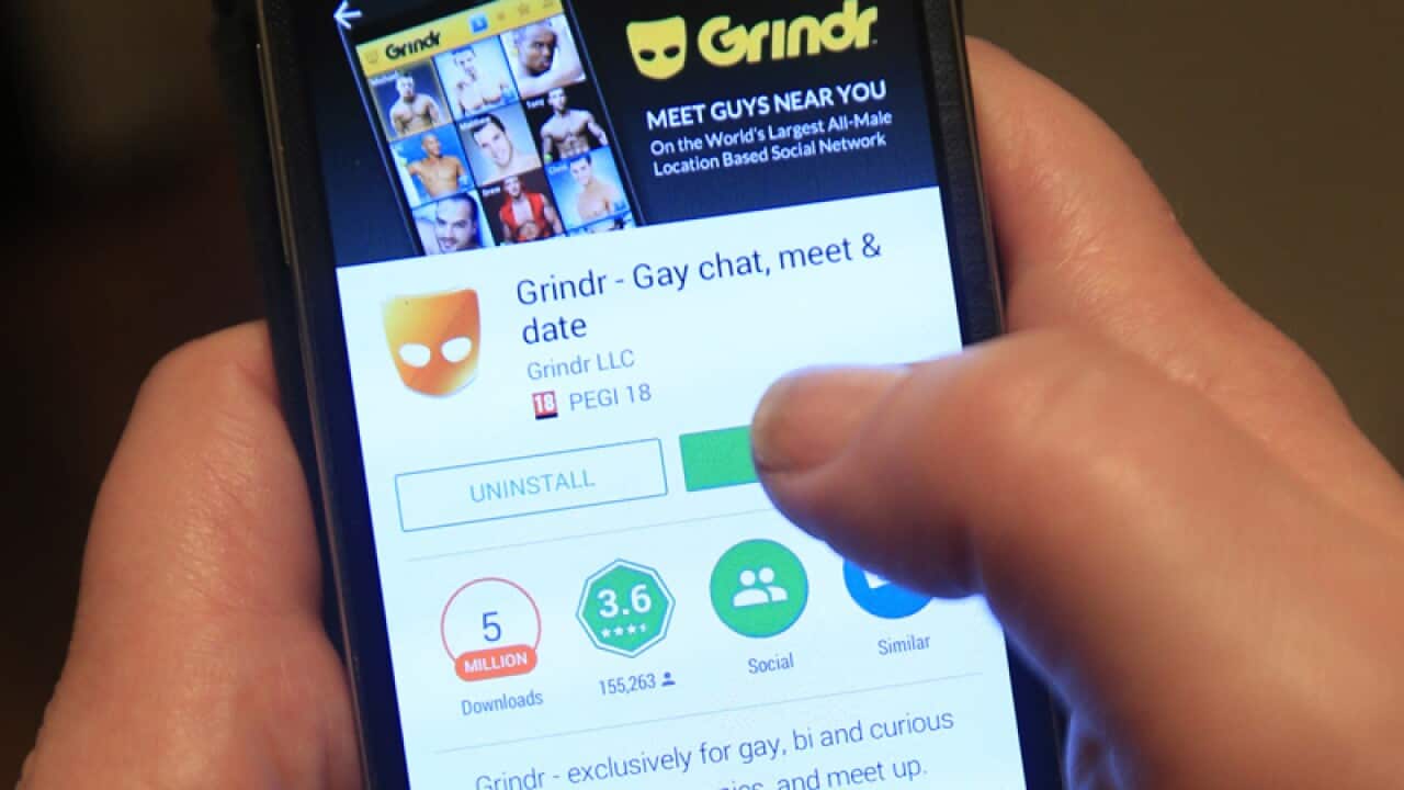 The Grindr app in use on a Samsung smartphone