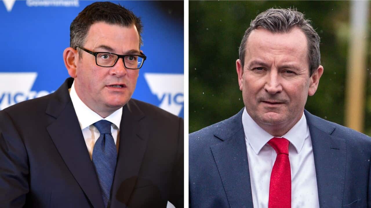 Victorian Premier Daniel Andrews speaks to the media during a press conference in Melbourne, Wednesday, November 17, 2021_ West Australian Treasurer and Premier, Mark McGowan leaves Dumas House and walks to Parliament prior to delivering the WA State Budg