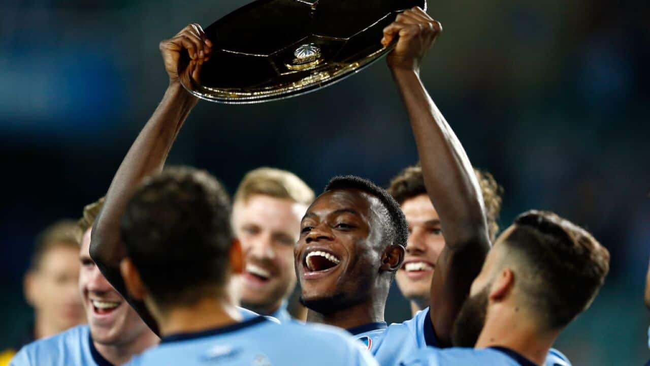 Lokolingoy celebrates after the A-League match between Sydney FC and the Newcastle Jets this year.