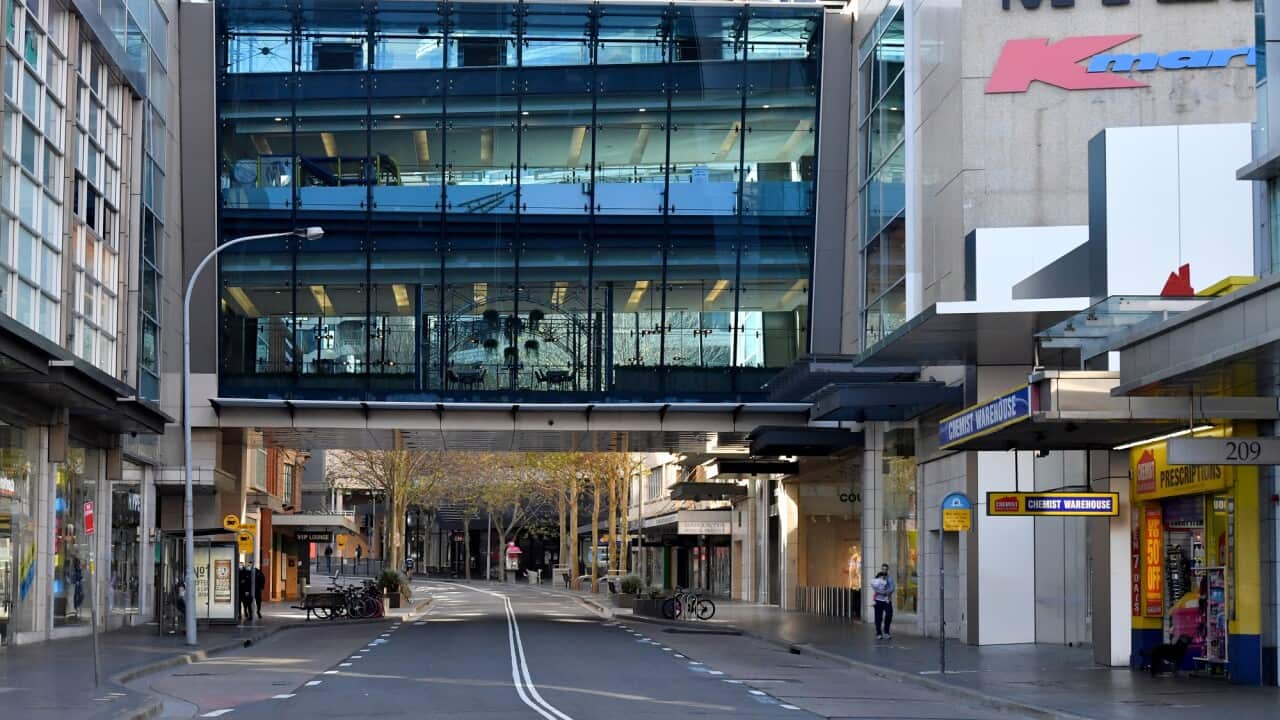 Empty streets are seen at Bondi Junction in Sydney.