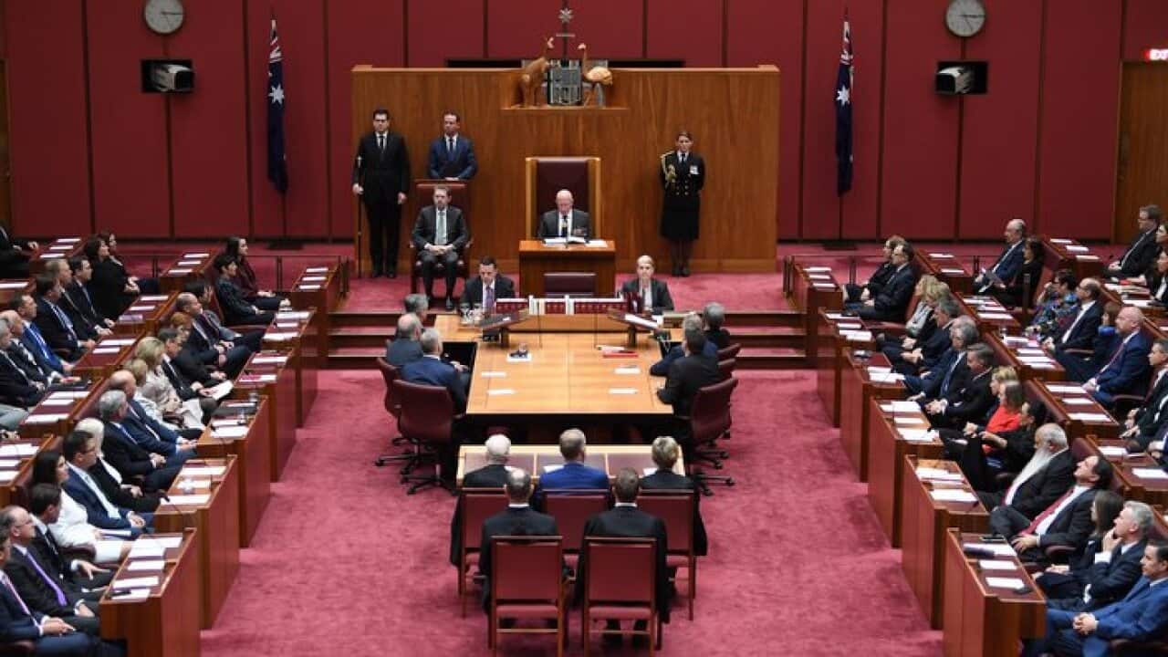 Governor-General David Hurley addresses members of the House of Representatives and the Senate during the official opening of the 46th Federal Parliament.