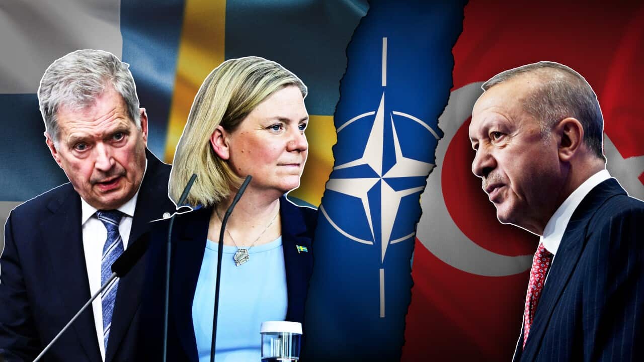 Graphic art featuring (left to right) Finnish President Sauli Niinisto , Swedish Prime Minister Magdalena Andersson and Turkish President Tayyip Erdogan.
