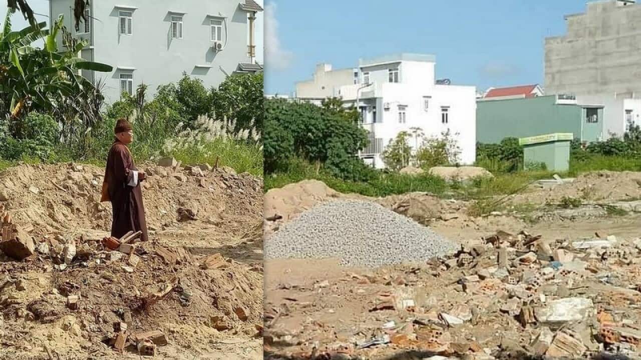 TT Thích Thiện Phúc bên đống hoang tàn của chùa An Cư