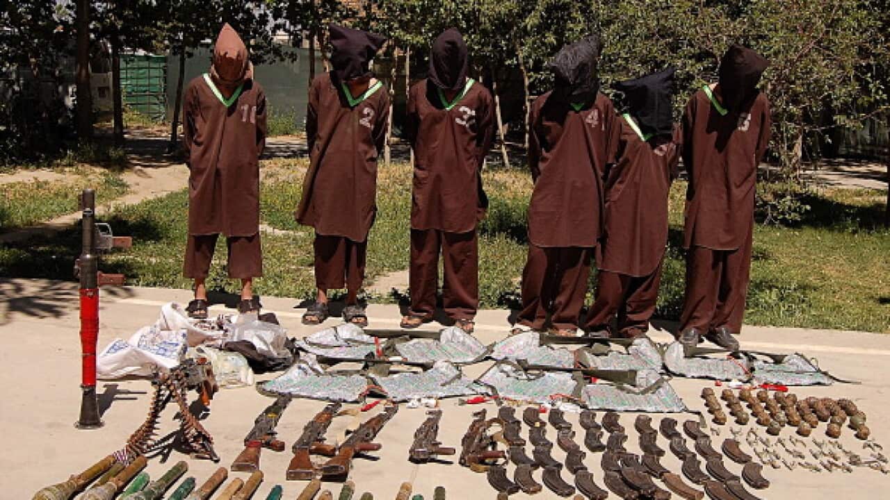 Insurgents suspected of being from the Haqqani network are presented to the media at the Afghan National Directorate of Security (NDS) headquarters in Kabul on May 30, 2013. Afghan intelligence agents captured six militants with suicide vests.